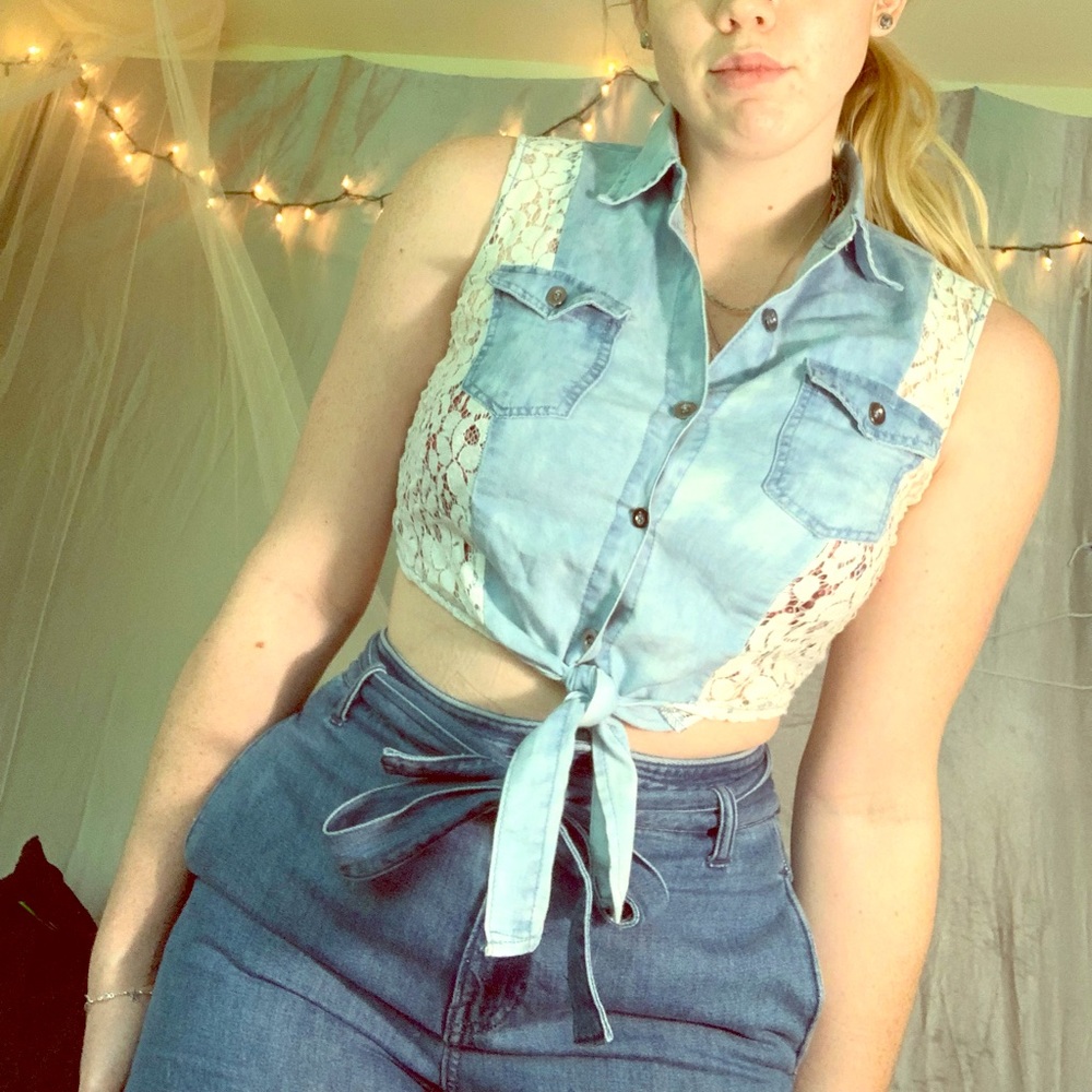 Lacey Jean Button up & Tie Crop Top